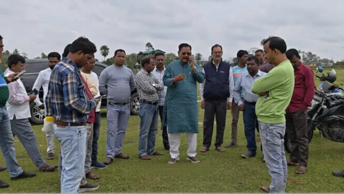 Khageswar Roy and other TMC leaders inspect the Sudamganj venue in Rajganj on Saturday ahead of Abhishek Banerjee’s April 1 public meeting. Saturday, 28 March 2026.